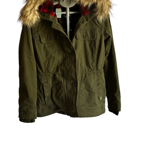 Hollister Olive Utility Jacket with Faux Fur Hood, Plaid Lining, - Picture 1 of 12